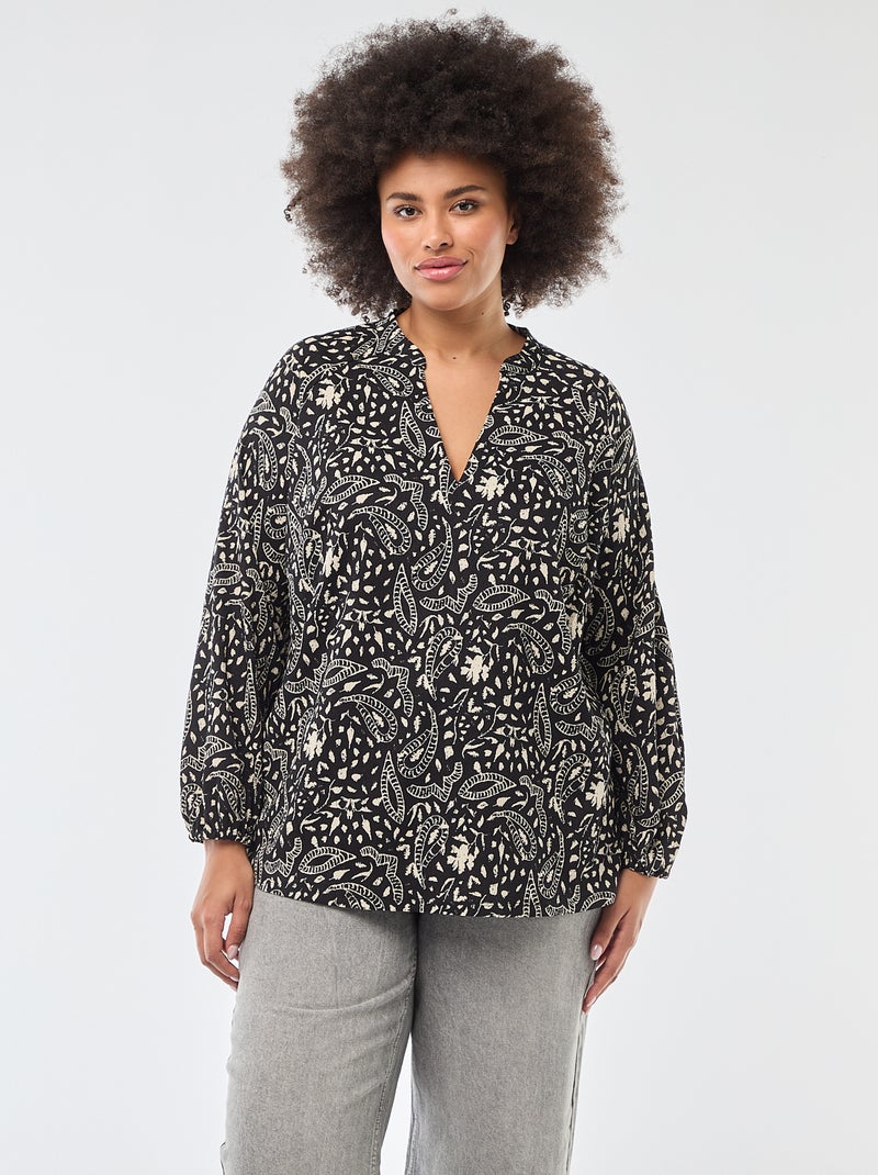 Blusa com Gola em V e Estampa All-Over Preto - Kiabi