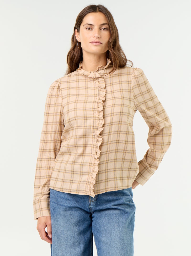 Blusa com gola subida e folhos Bege - Kiabi