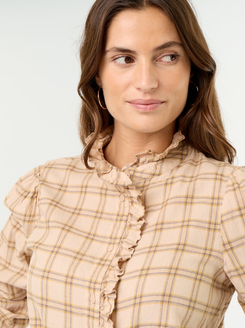 Blusa com gola subida e folhos Bege - Kiabi
