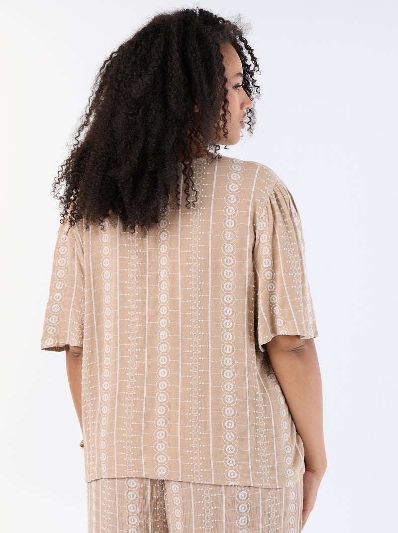 Blusa com laços e bordados de manga curta Bege - Kiabi