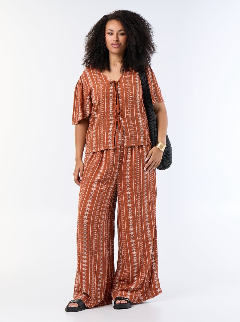 Blusa com laços e bordados de manga curta Laranja - Kiabi