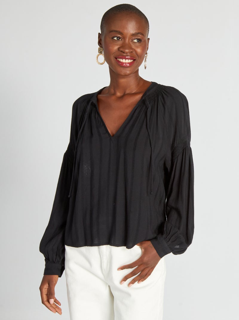 Blusa com mangas de balão e tecido texturado Preto - Kiabi