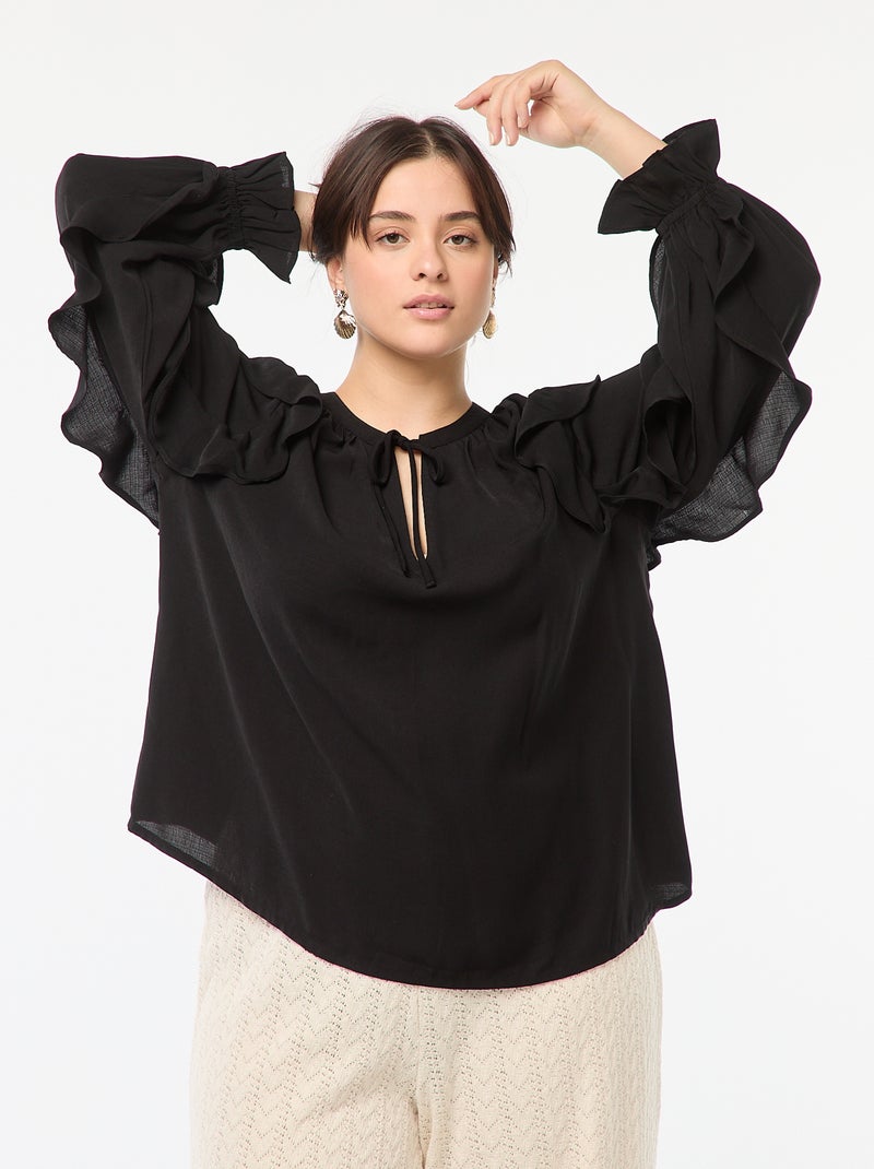 Blusa com ombros e punhos com folhos + atilhos na gola Preto - Kiabi