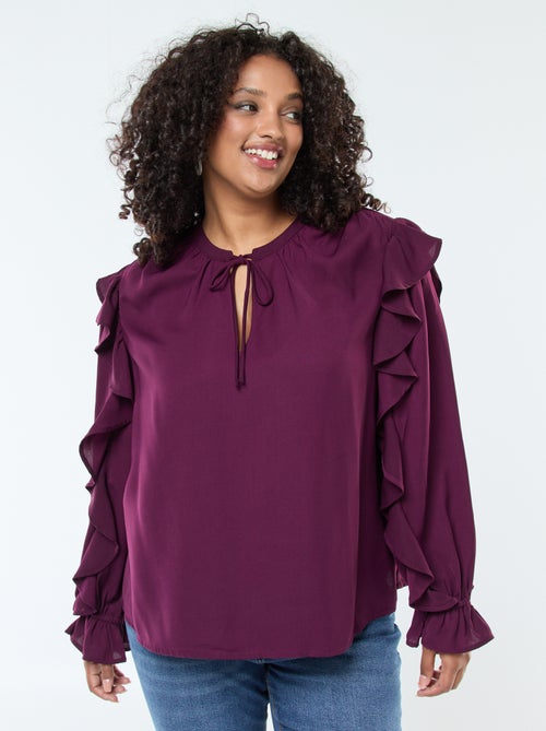 Blusa com ombros e punhos com folhos + atilhos na gola - Kiabi