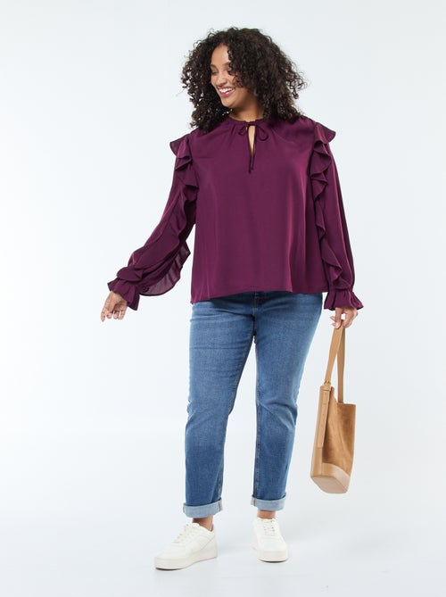 Blusa com ombros e punhos com folhos + atilhos na gola - Kiabi