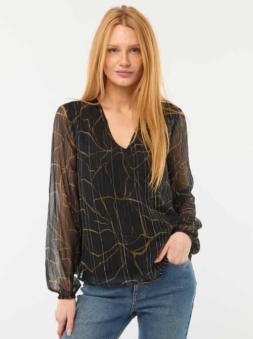 Blusa com padrão e fios prateados em malha fluida transparente - Kiabi