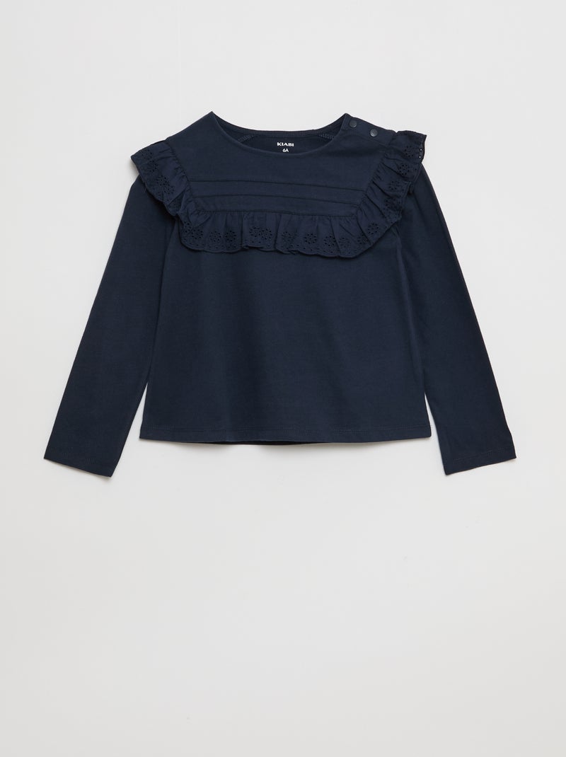 Blusa com peitilho e bordados ingleses - So Easy Azul - Kiabi