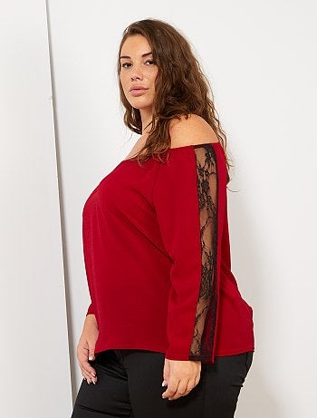 Mulher tamanhos grandes - Blusa com pormenor em renda e gola elástica - Kiabi