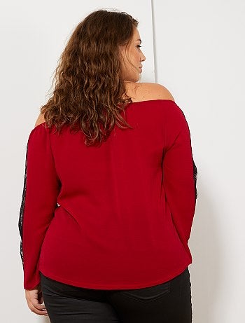 Mulher tamanhos grandes - Blusa com pormenor em renda e gola elástica - Kiabi