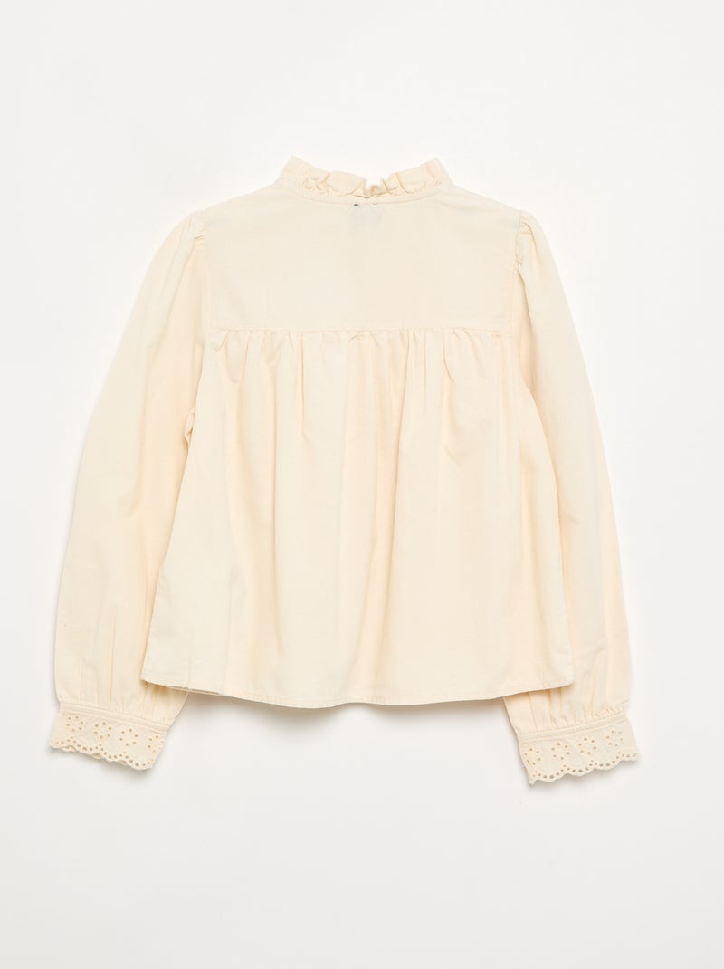 Blusa com punhos bordados e gola com folhos Cru - Kiabi
