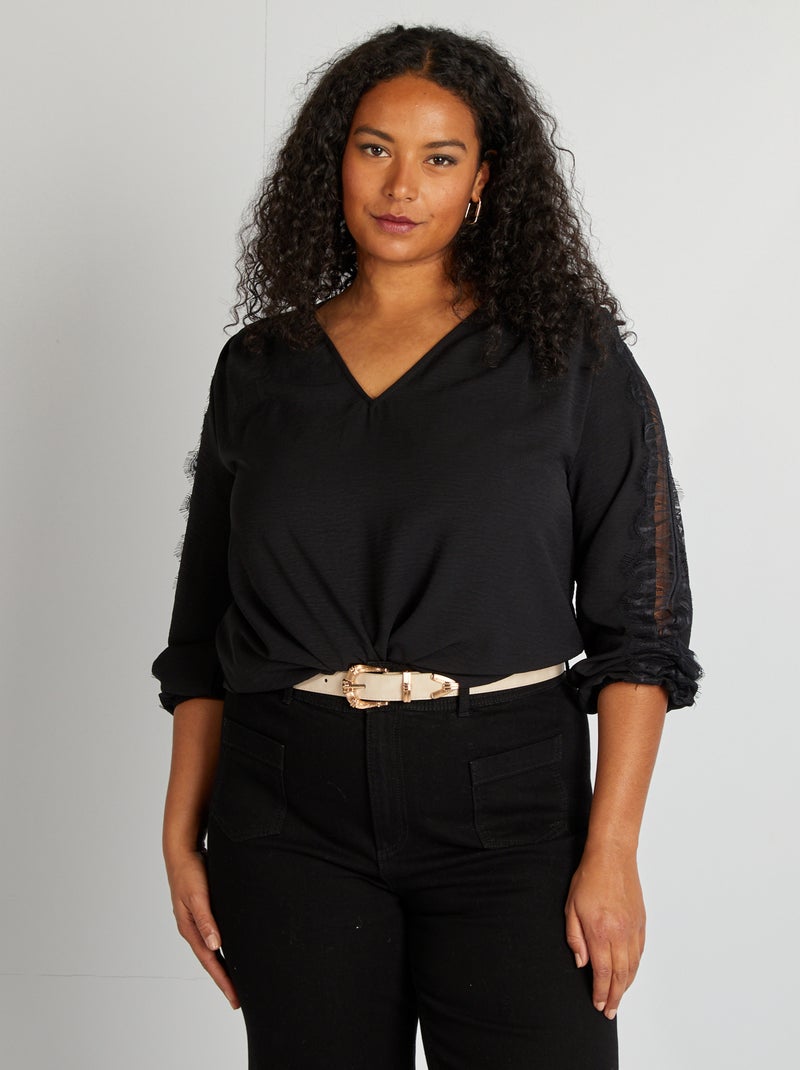 Blusa com rendas nas mangas Preto - Kiabi