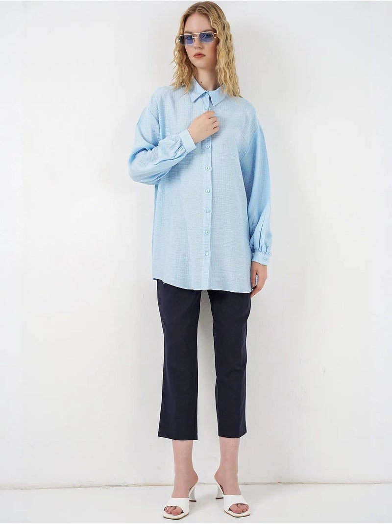 Blusa comprida oversize texturada com colarinho de camisa bdart Azul claro - Kiabi