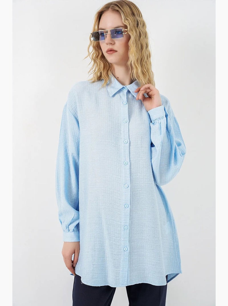 Blusa comprida oversize texturada com colarinho de camisa bdart Azul claro - Kiabi