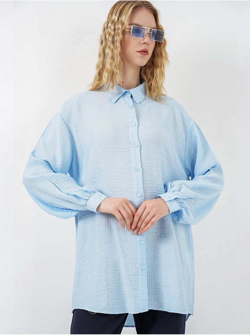 Blusa comprida oversize texturada com colarinho de camisa bdart Azul claro - Kiabi