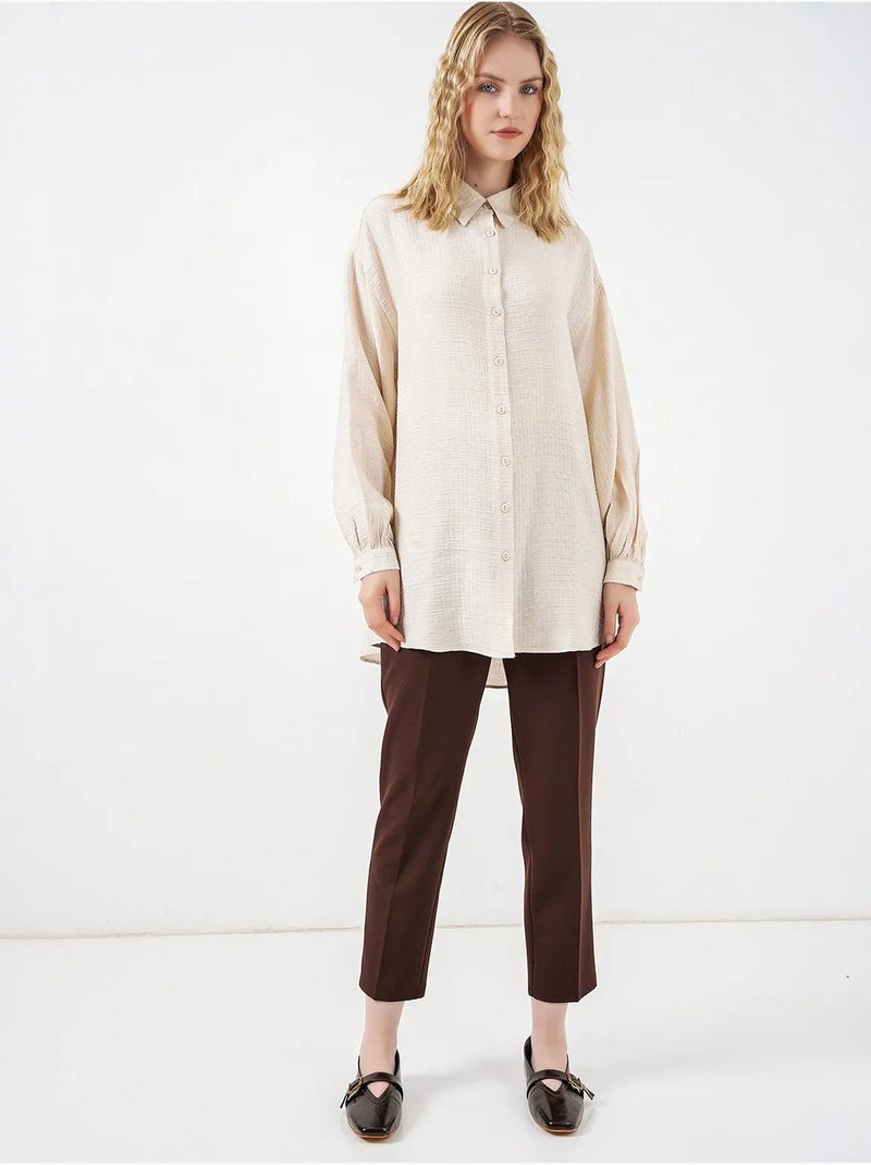 Blusa comprida oversize texturada com colarinho de camisa bdart Creme - Kiabi