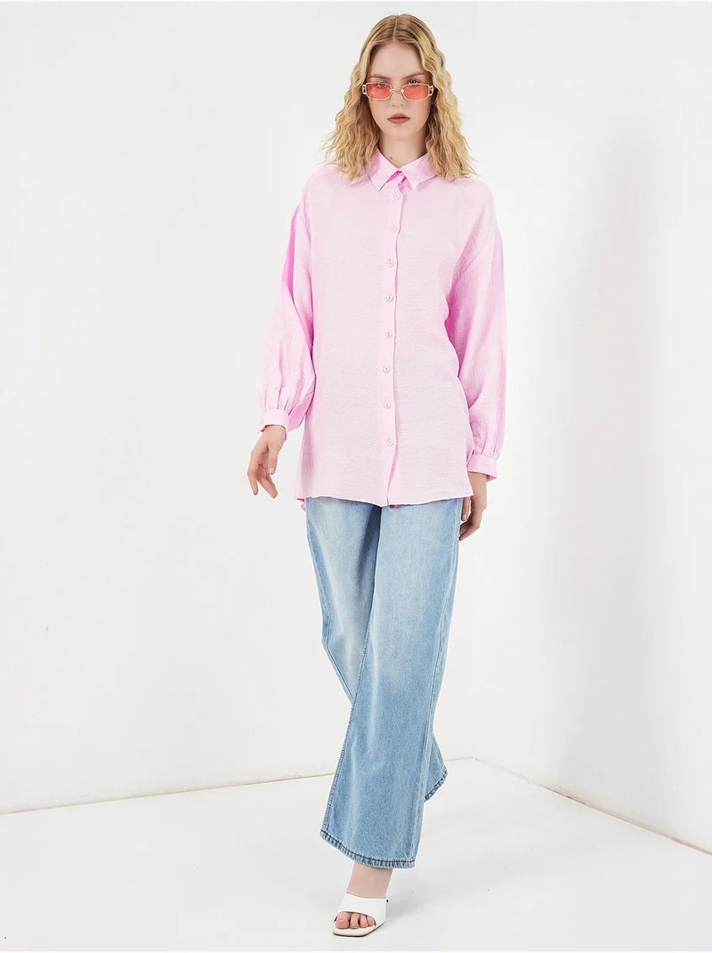 Blusa comprida oversize texturada com colarinho de camisa bdart Rosa-claro - Kiabi