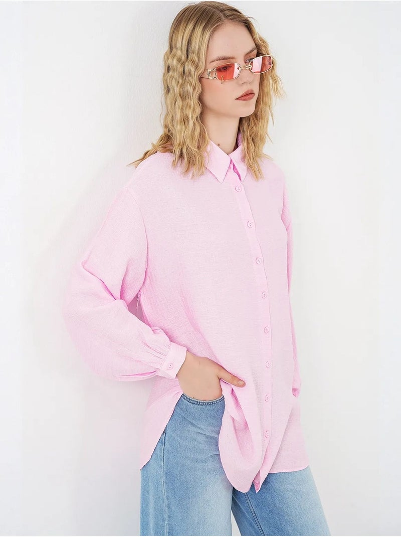 Blusa comprida oversize texturada com colarinho de camisa bdart Rosa-claro - Kiabi