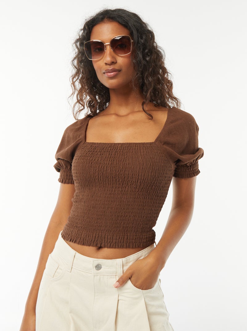 Blusa crop de manga curta Castanho - Kiabi