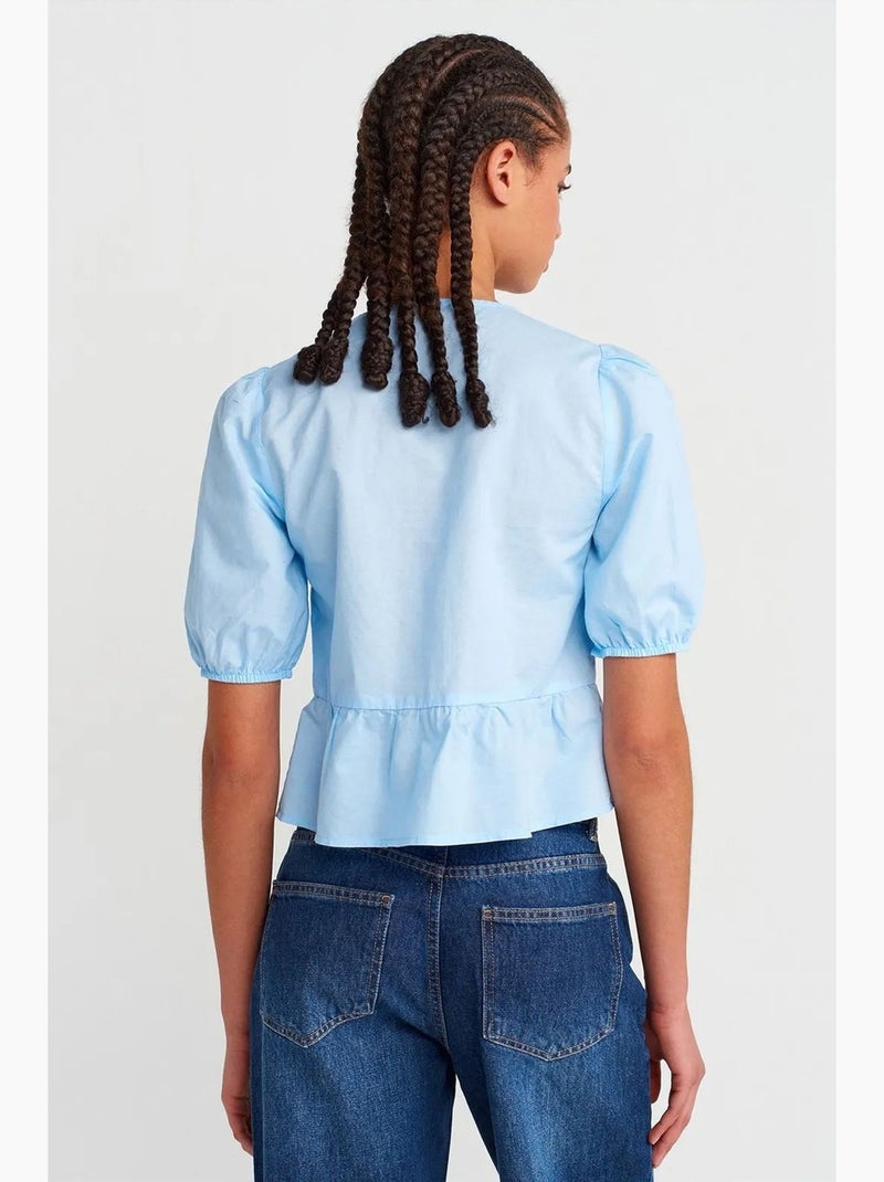 Blusa crop de mulher com detalhe de laço dilvin Azul-céu - Kiabi