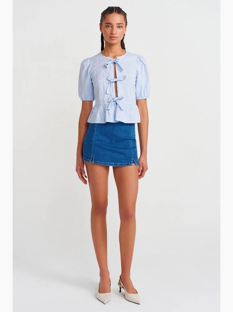 Blusa crop de mulher com detalhe de laço dilvin Azul-pastel - Kiabi