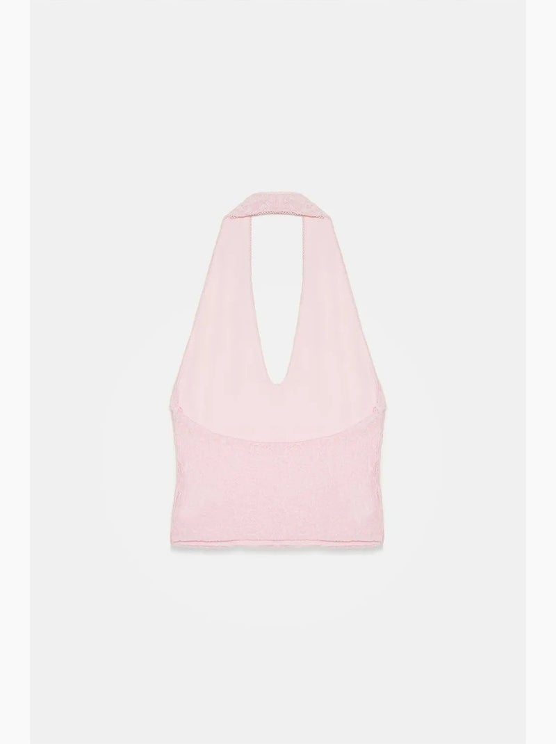 Blusa crop de mulher em renda com gola halter dilvin Rosa doce - Kiabi