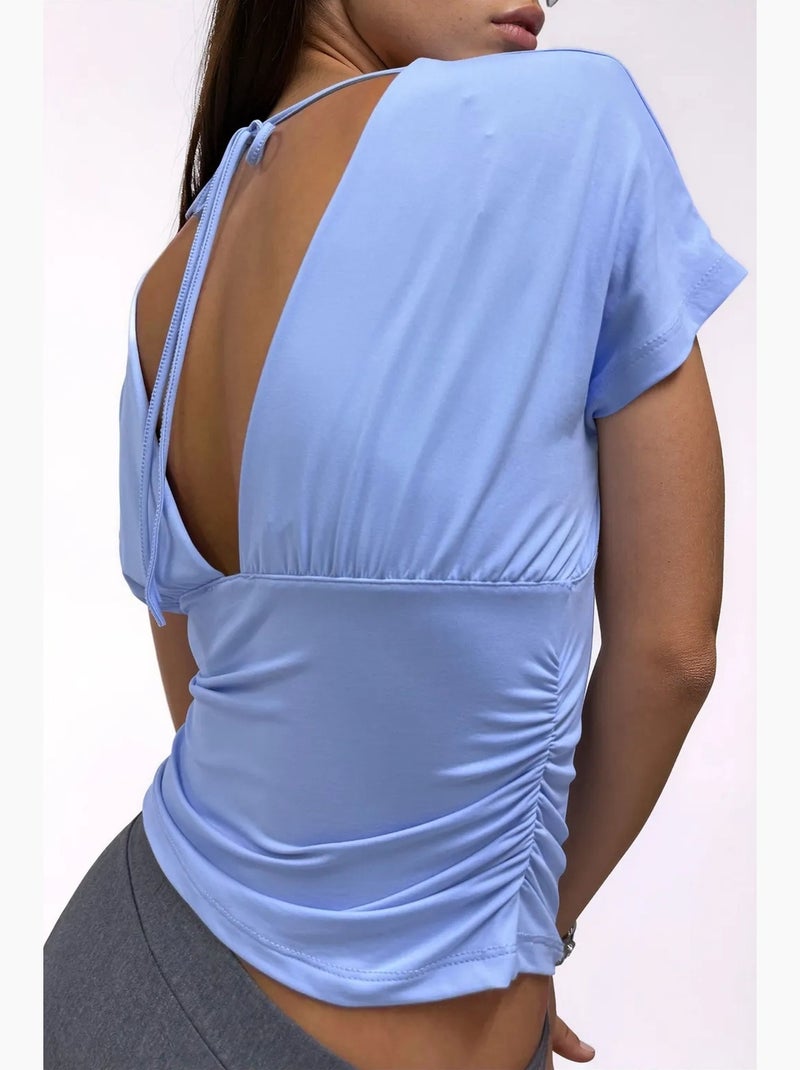 Blusa cropped ajustada com detalhe de amarração busem Azul-céu - Kiabi