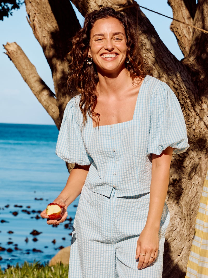 Blusa cropped em malha waffle Azul - Kiabi