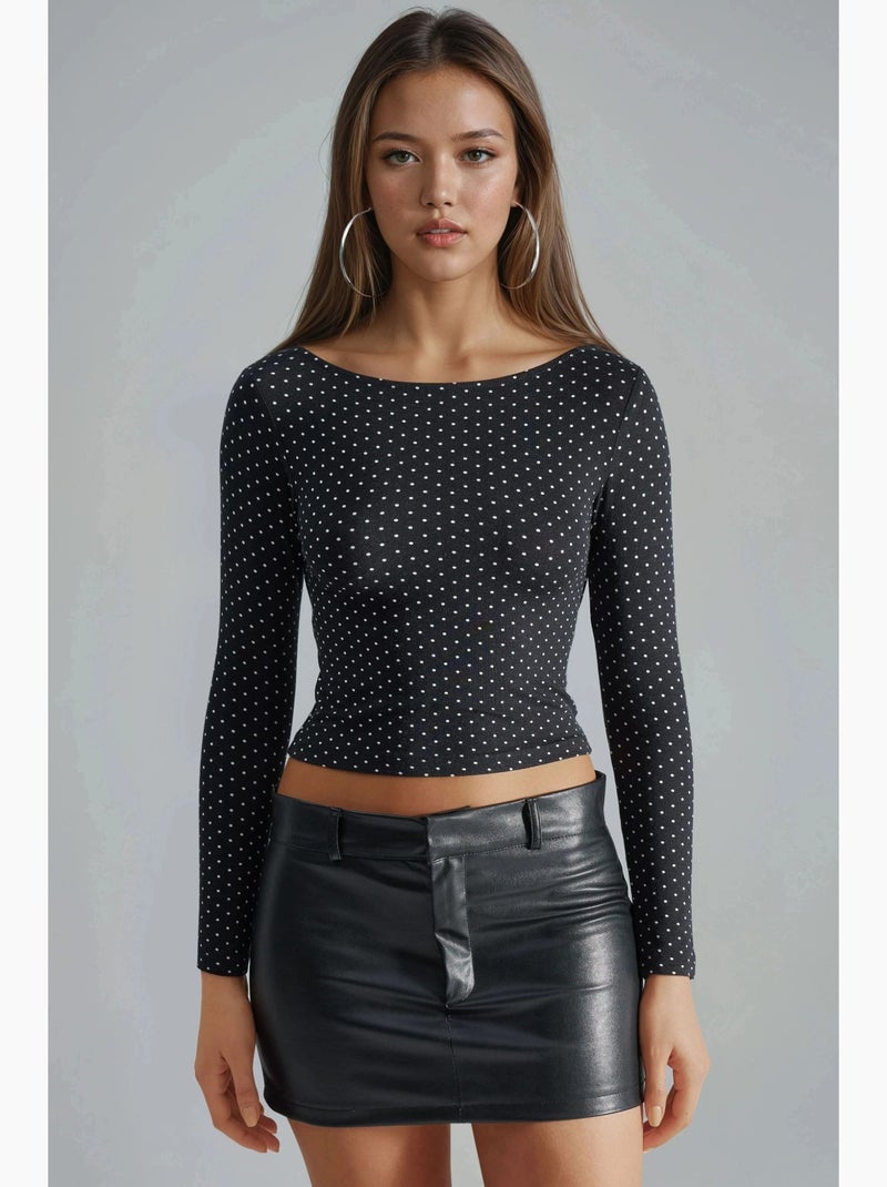 Blusa cropped slim fit às bolinhas com detalhe nas costas busem Preto - Kiabi