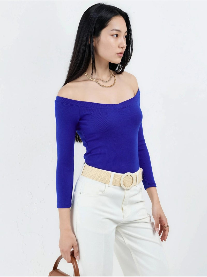 Blusa curta canelada com corte justo busem Azul-elétrico - Kiabi