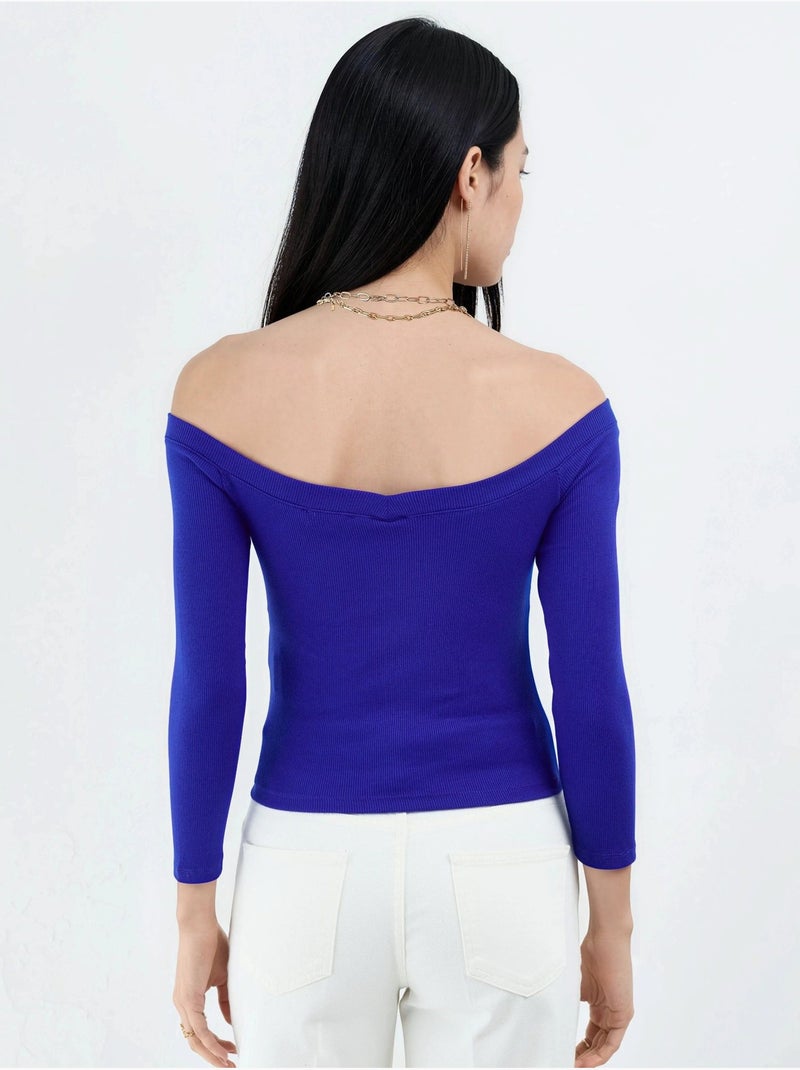 Blusa curta canelada com corte justo busem Azul-elétrico - Kiabi