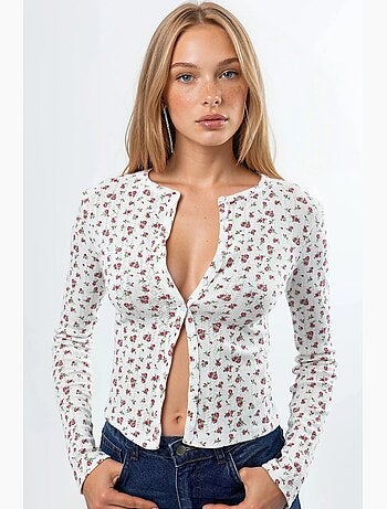 Blusa curta canelada de flores com fecho de botões busem