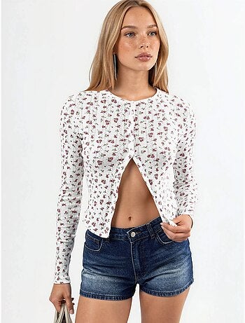 Blusa curta canelada de flores com fecho de botões busem