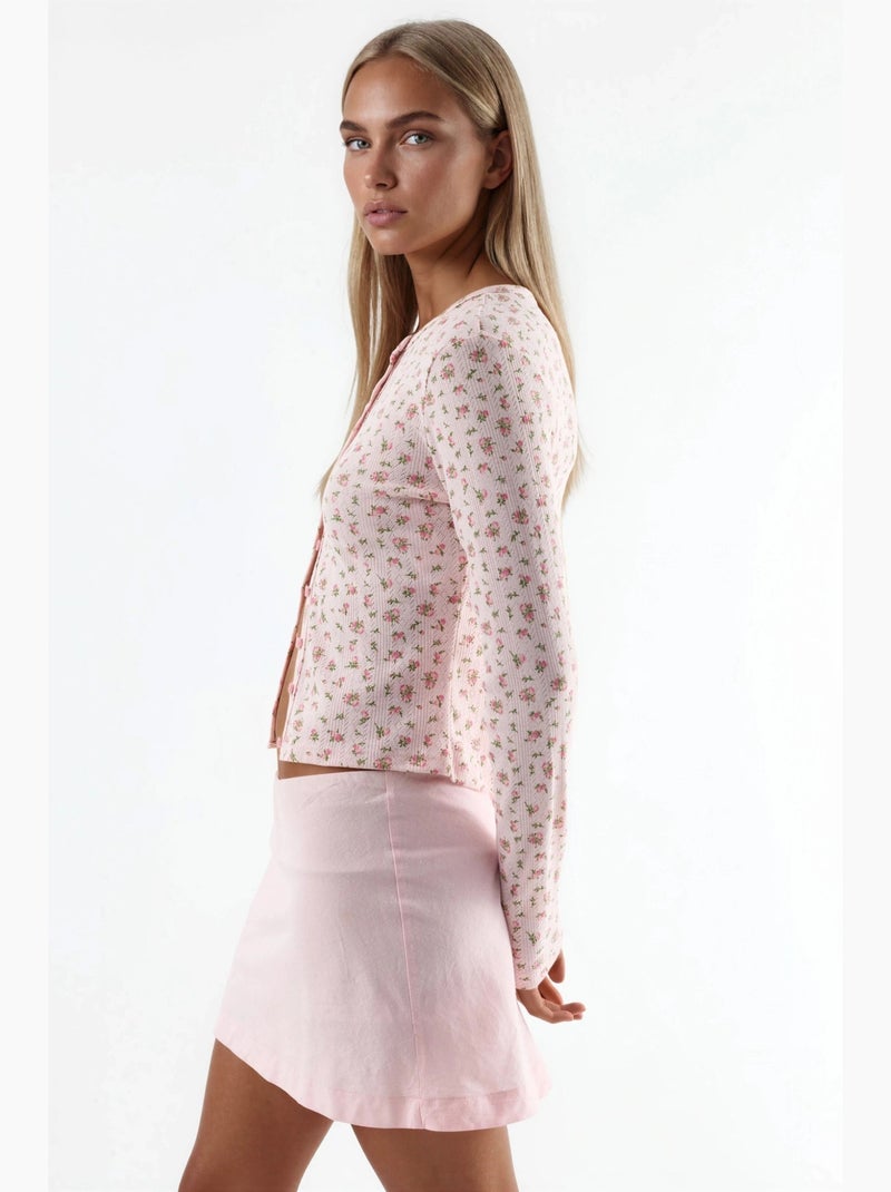 Blusa curta canelada de flores com fecho de botões busem Rosa-pálido - Kiabi
