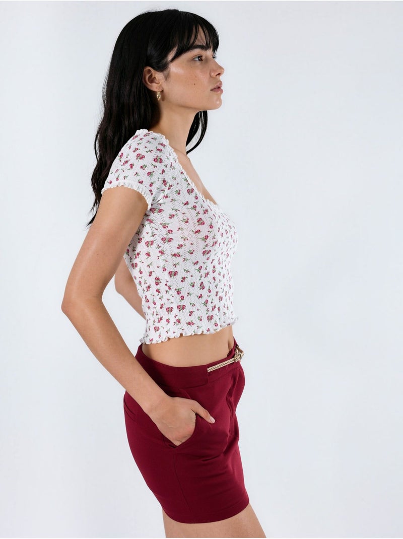 Blusa curta com decote em u com flores e folhos busem Multicolorido - Kiabi