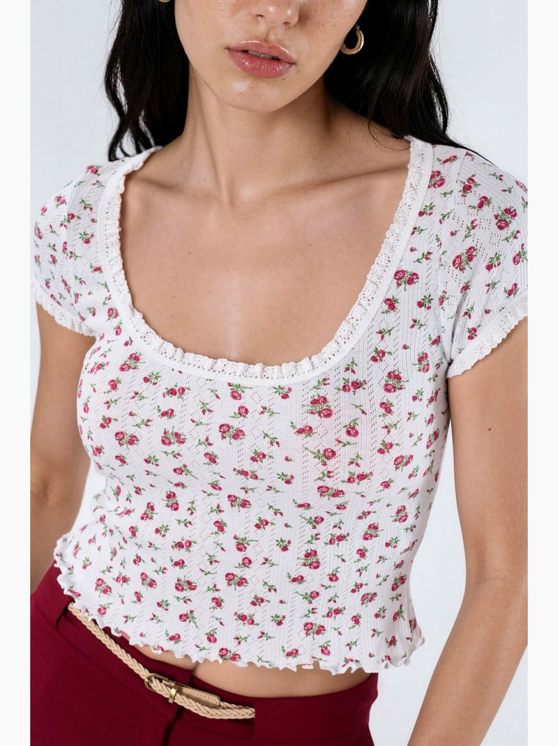 Blusa curta com decote em u com flores e folhos busem Multicolorido - Kiabi