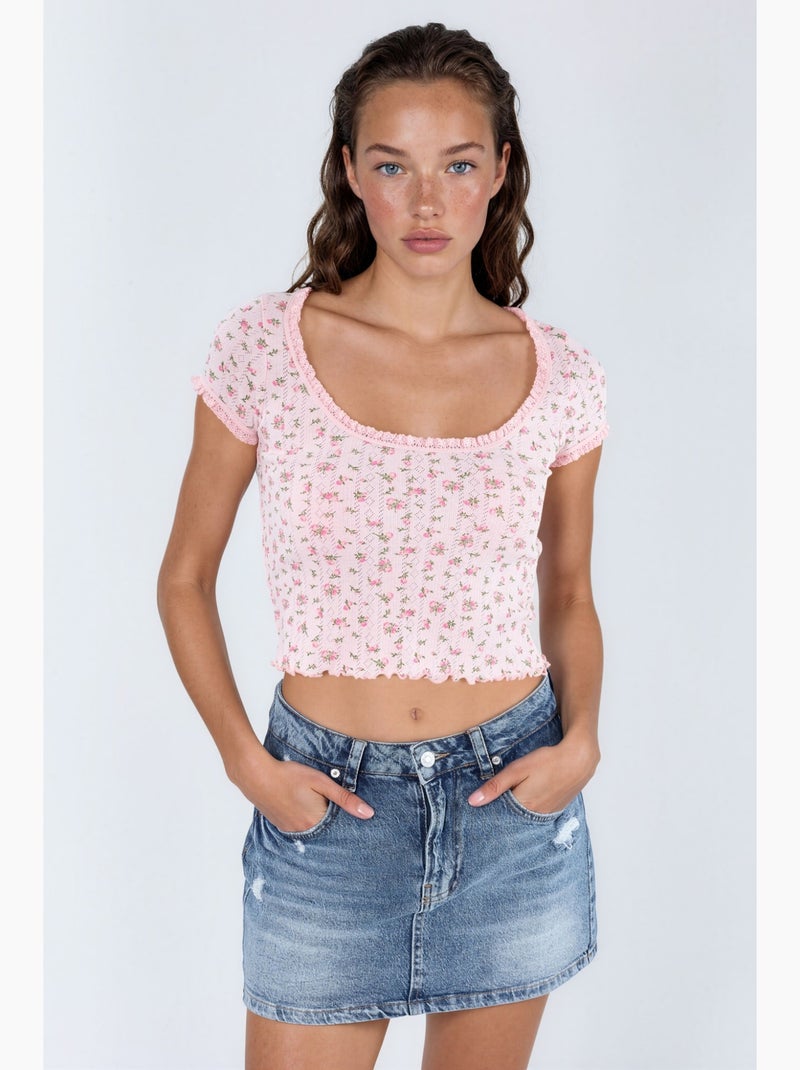 Blusa curta com decote em u com flores e folhos busem Rosa velho - Kiabi