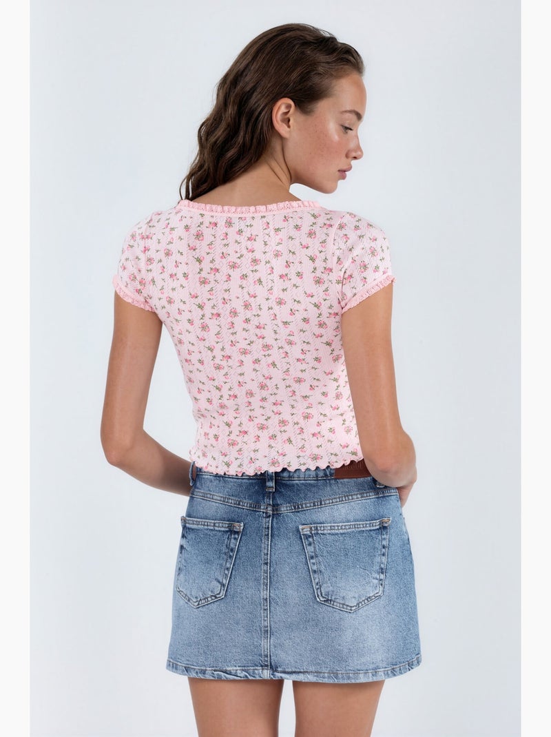 Blusa curta com decote em u com flores e folhos busem Rosa velho - Kiabi