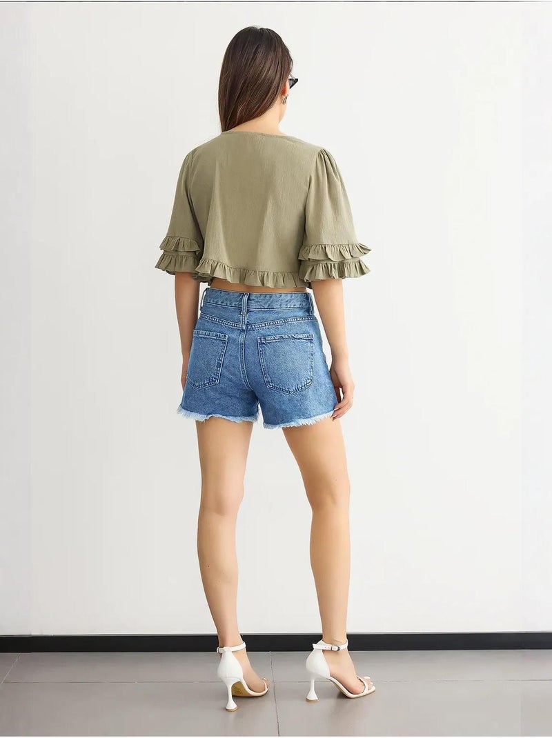 Blusa curta com decote em v e folhos hiccup Verde - Kiabi