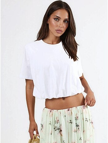 Blusa curta com gola redonda e elástico busem