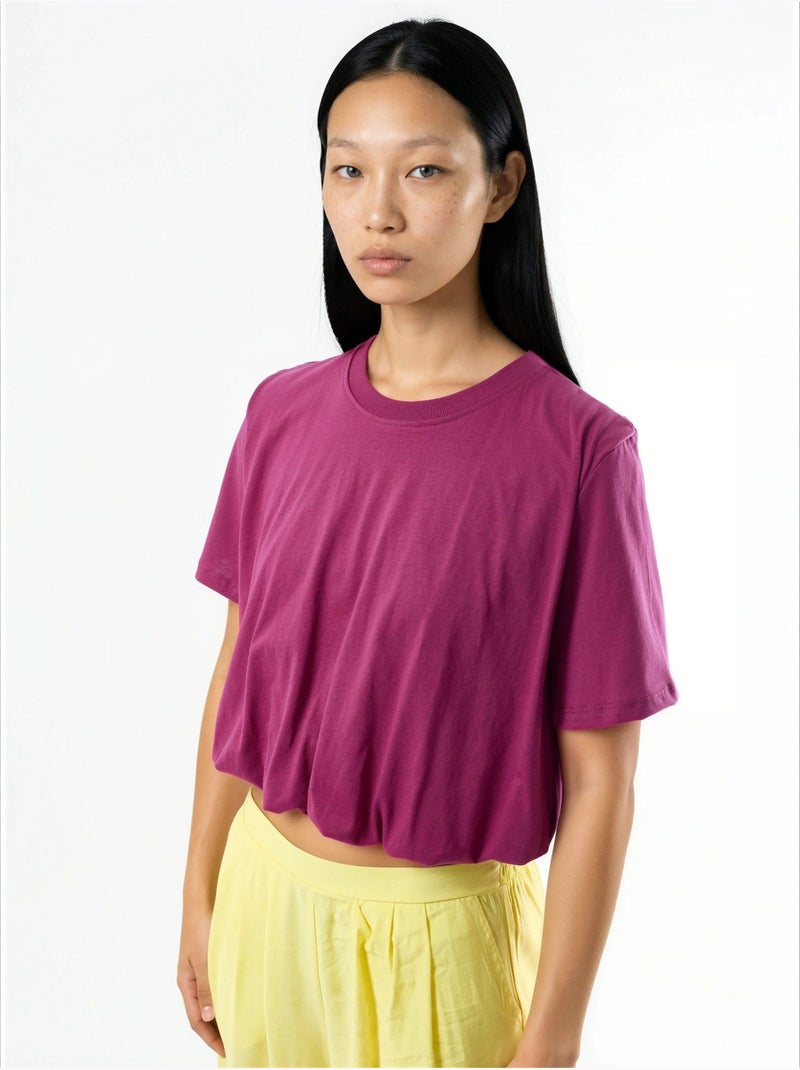 Blusa curta com gola redonda e elástico busem Magenta - Kiabi
