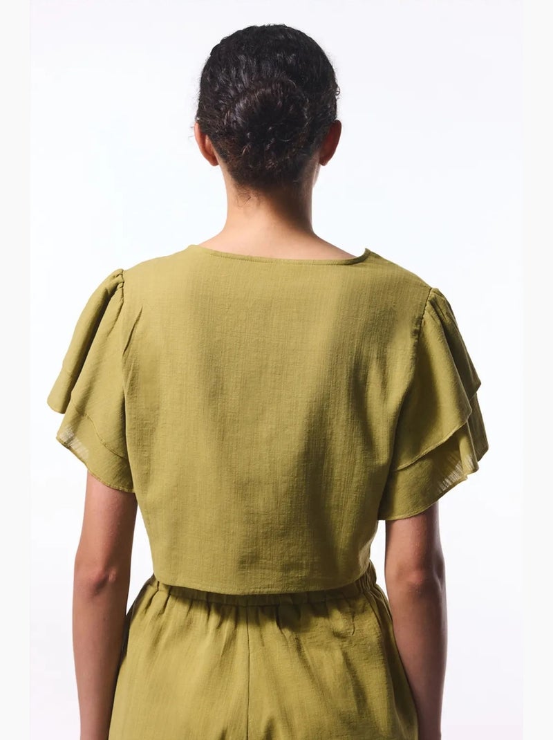 Blusa curta com laço penti Cáqui - Kiabi