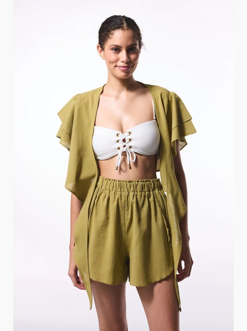 Blusa curta com laço penti Cáqui - Kiabi