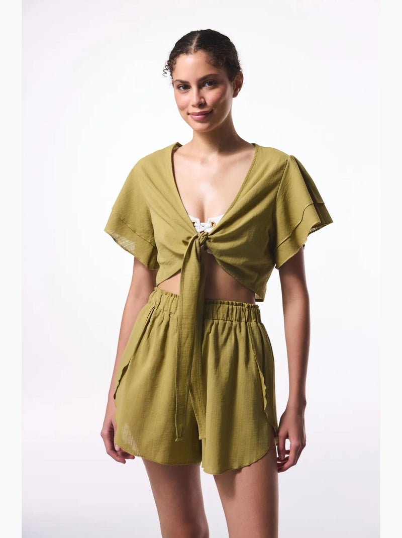 Blusa curta com laço penti Cáqui - Kiabi