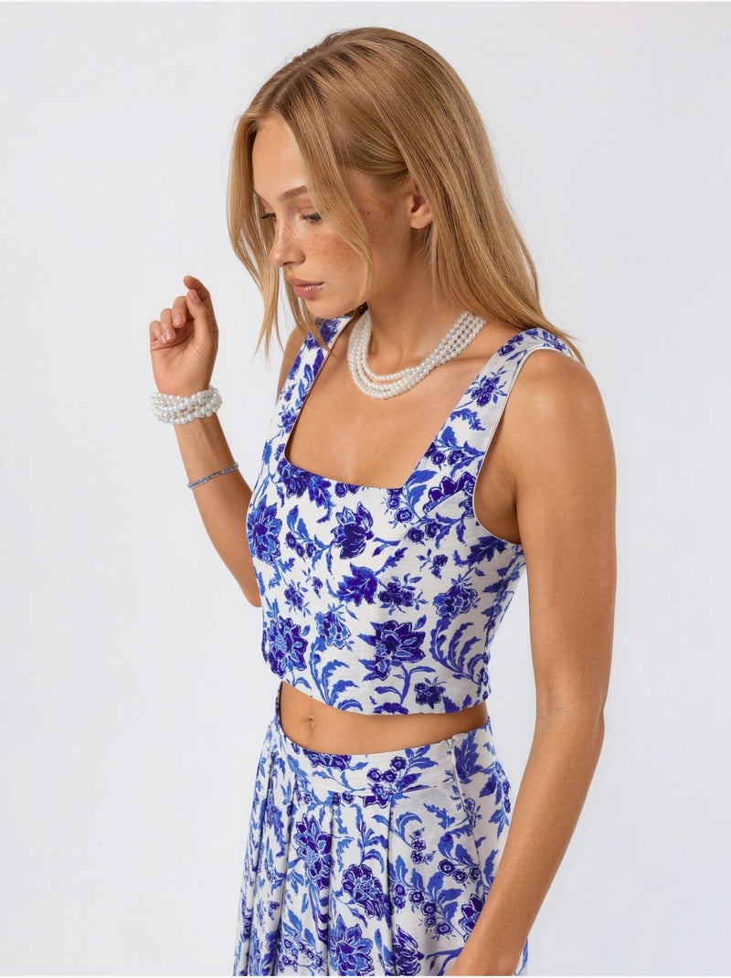 Blusa curta floral com gola quadrada busem Multicolorido - Kiabi