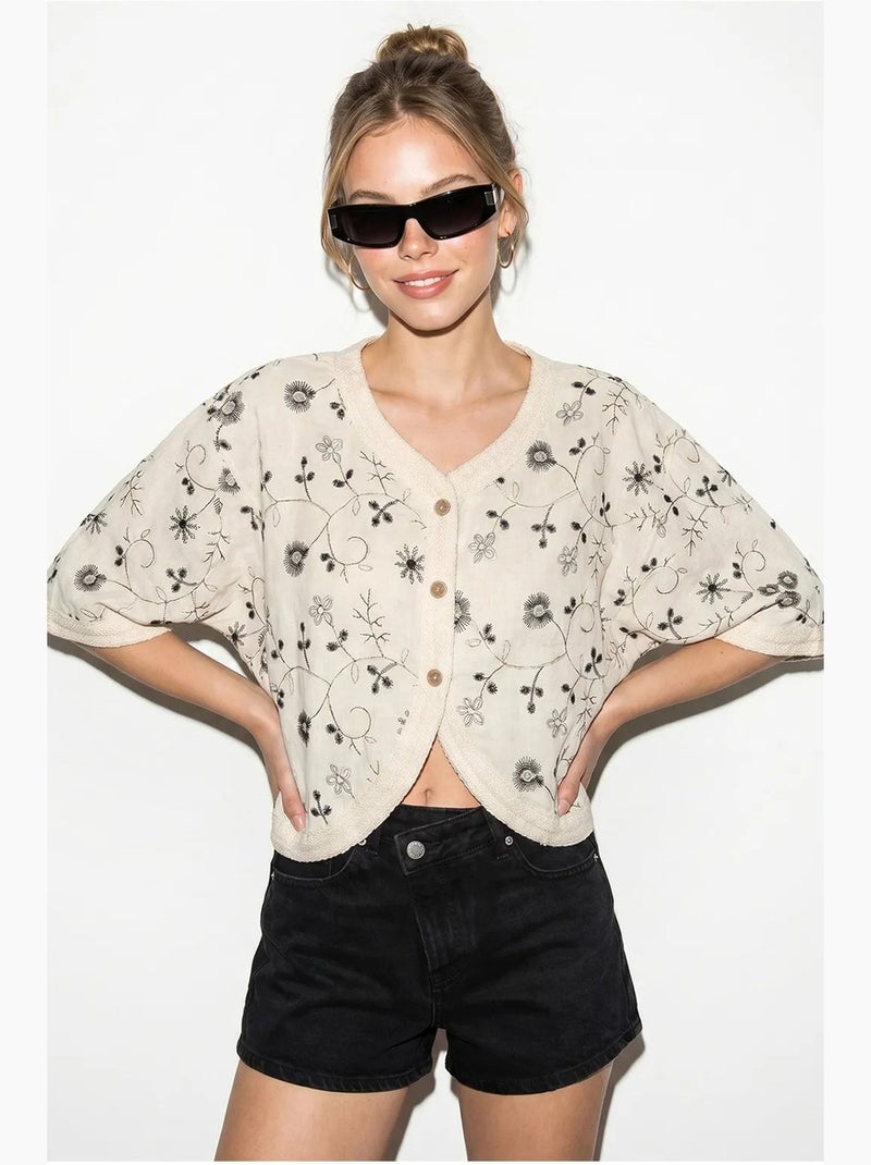 Blusa curta floral decote em v lucci Bege natural - Kiabi
