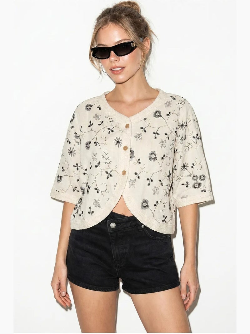 Blusa curta floral decote em v lucci Bege natural - Kiabi