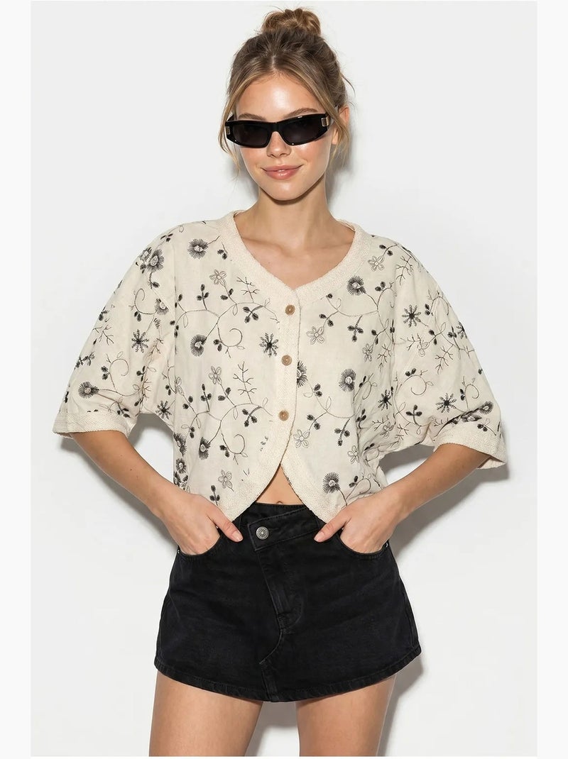 Blusa curta floral decote em v lucci Bege natural - Kiabi