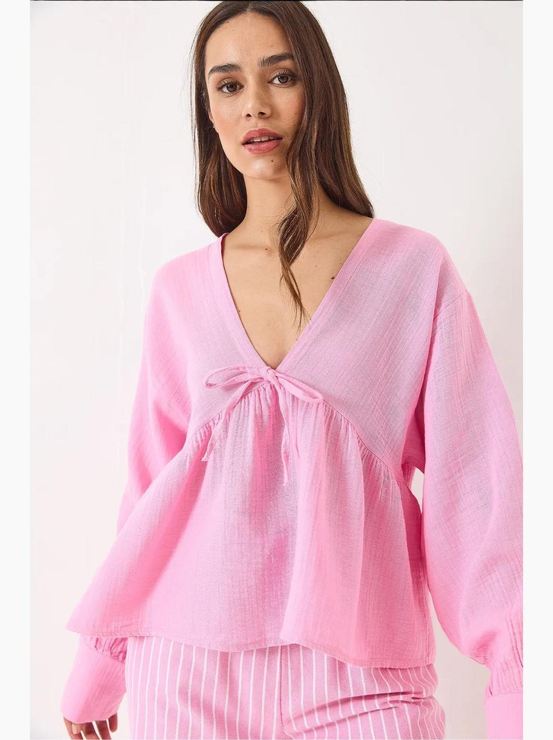 Blusa curta texturizada decote em v com laço lucci Rosa-fluo/Solinotes - Kiabi