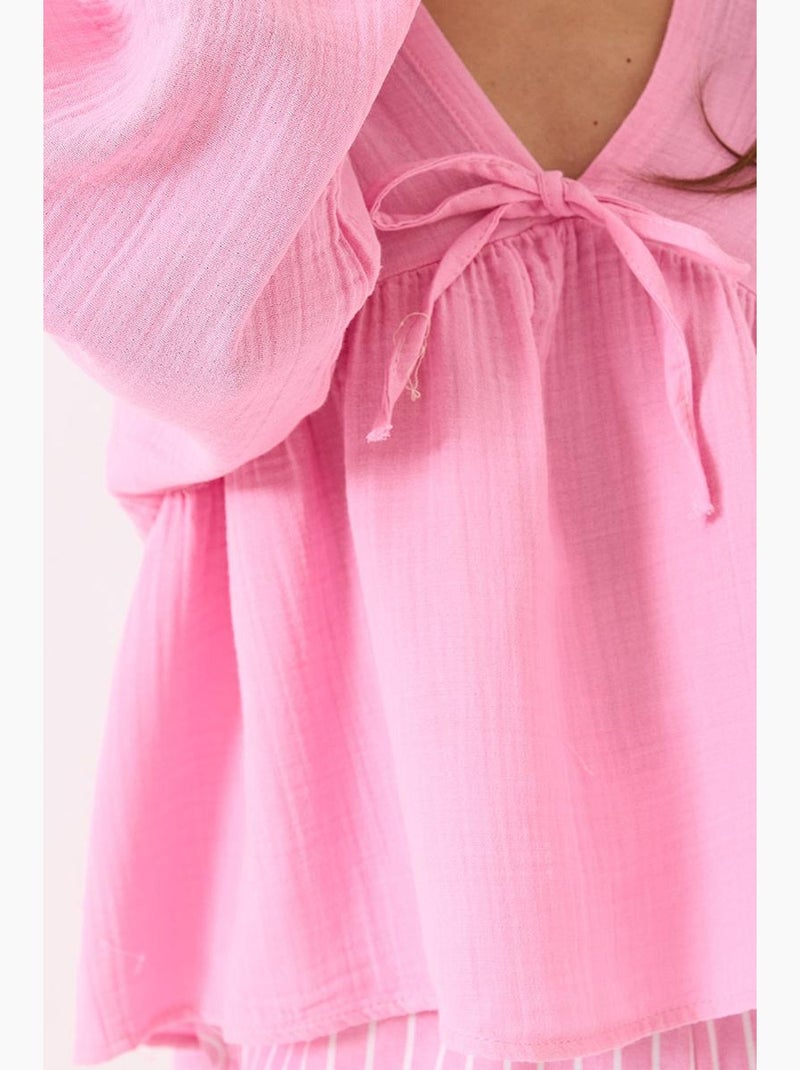 Blusa curta texturizada decote em v com laço lucci Rosa-fluo/Solinotes - Kiabi