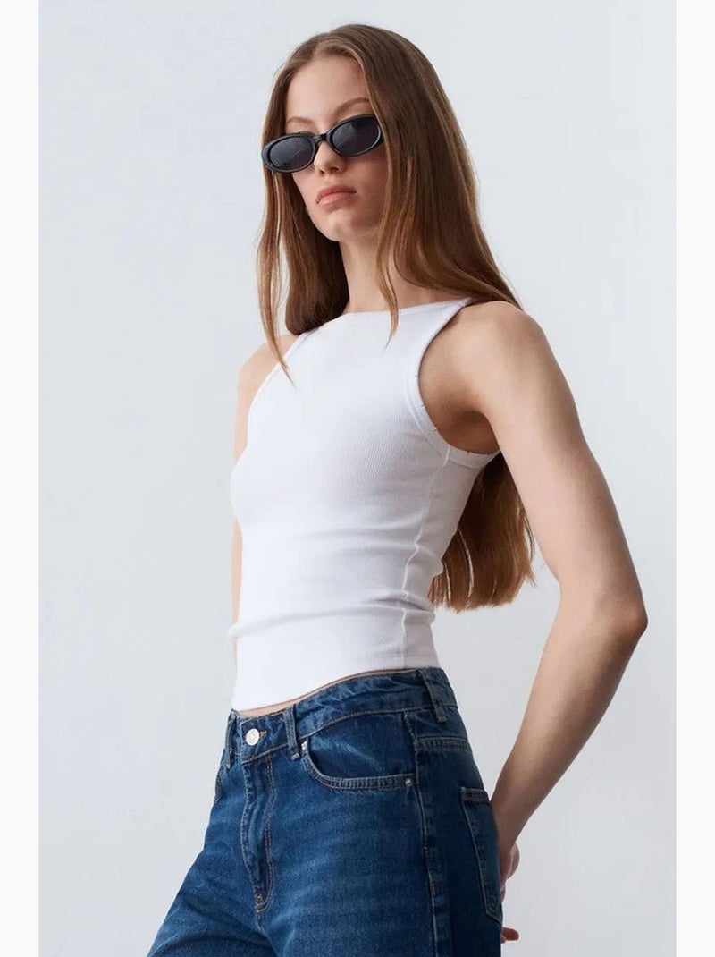 Blusa de algodão canelado com decote halter dilvin Branco - Kiabi